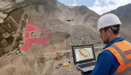 Especialista analizando zonas de riesgo en una laptop mientras un dron sobrevuela una ladera